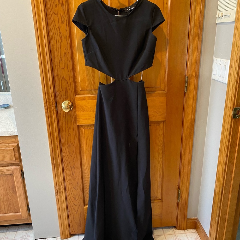 Lulus long formal black dress with slit to above knee